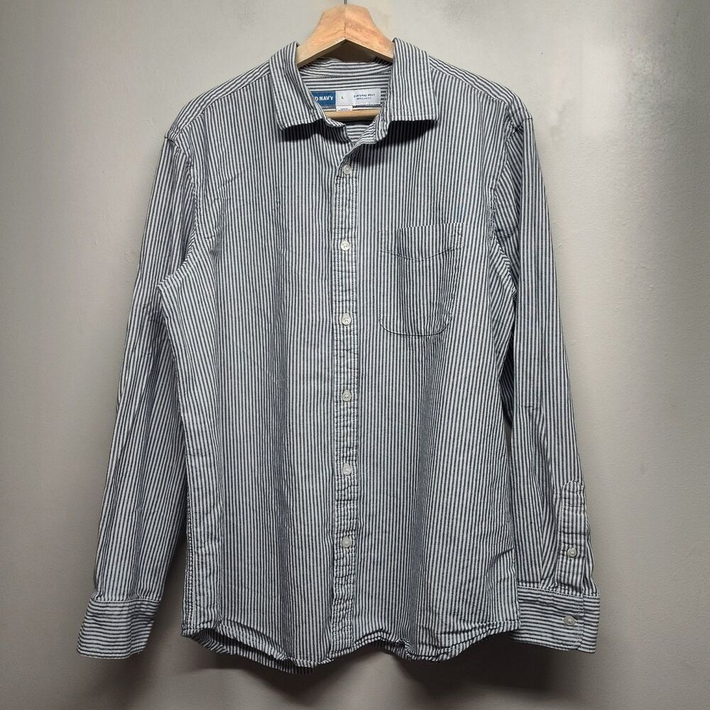 Old Navy Everyday Shirt Men L White Blue Regular Fit Long Sleeve Casual Workwear